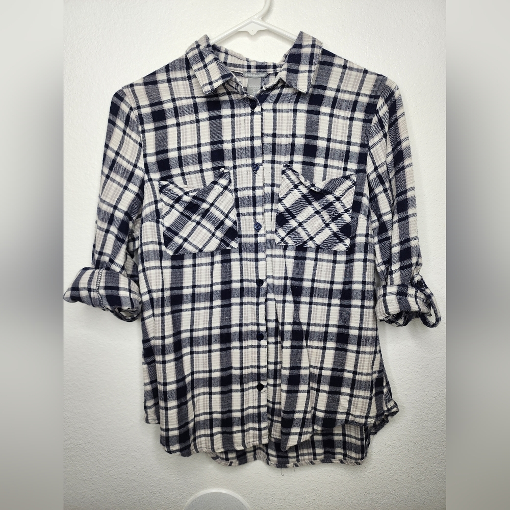 Blue White Flannel Fitted Size Small Charlotte Russe 100% Cotton